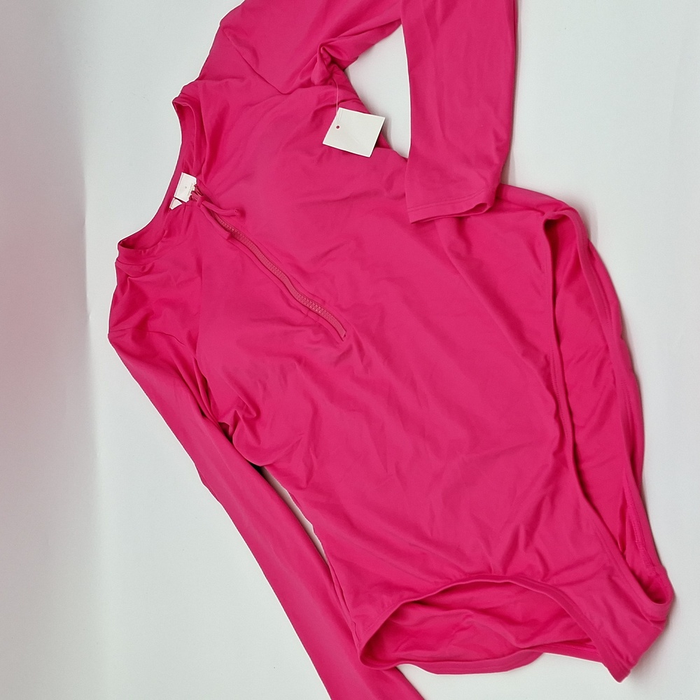 Anne Cole Long Sleeve Front Zip Rash Guard Swimsuit Hot Pink 10